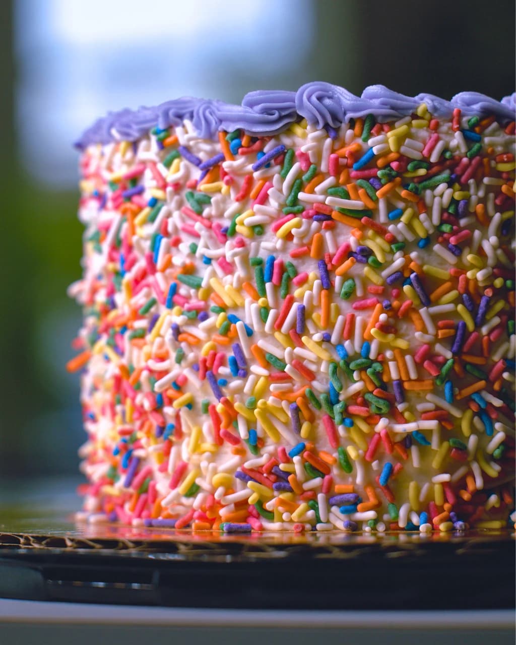 A tall vegan cake covered in rainbow sprinkles